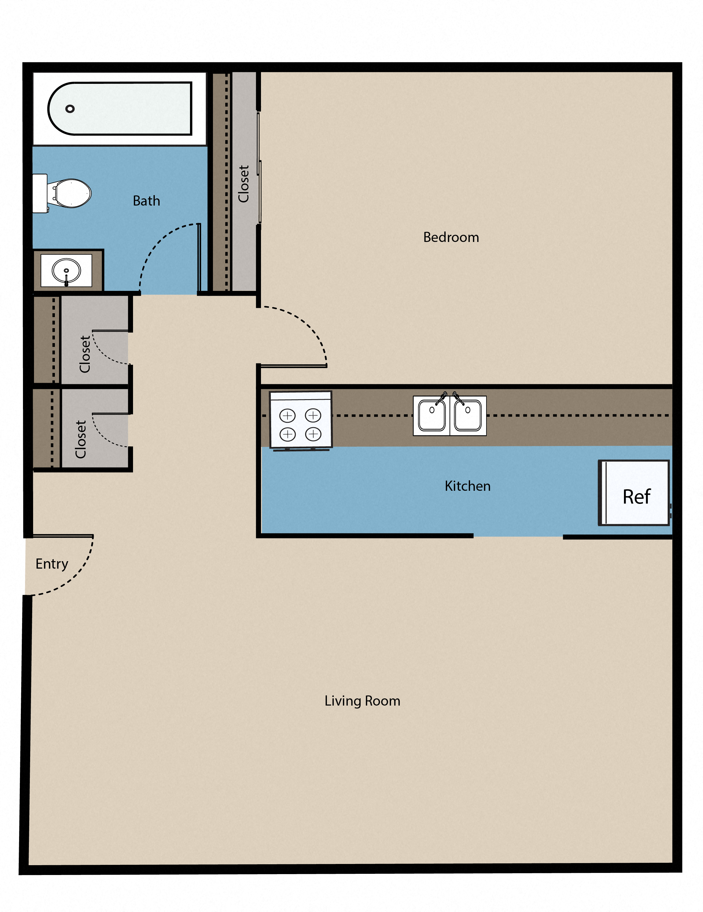 Floor plan for 1 bed, 1 bath, 650 sqft